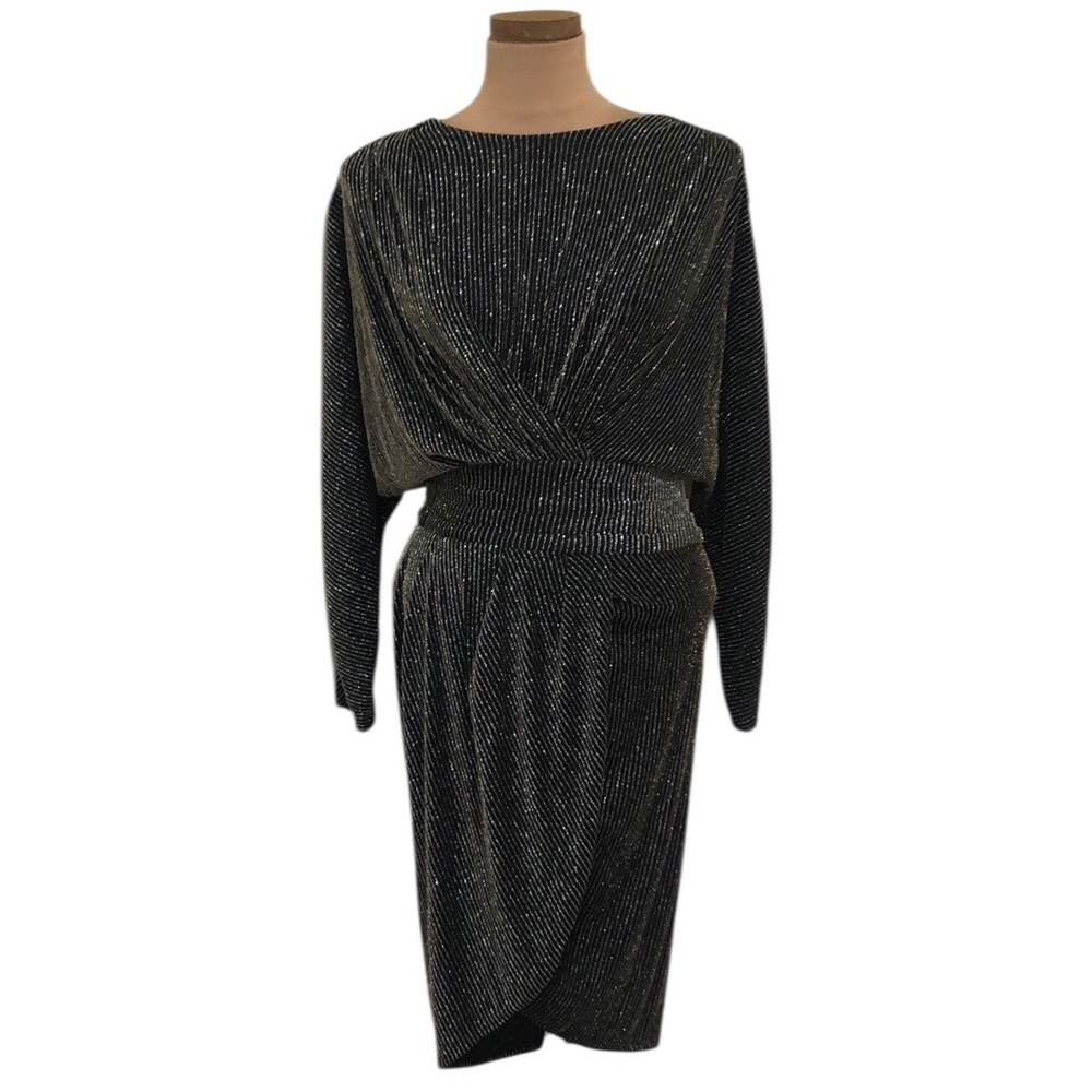IRO Magnus Cocktail Dress Size US 6 FR 38 Black Silver Striped Ruched Sheath